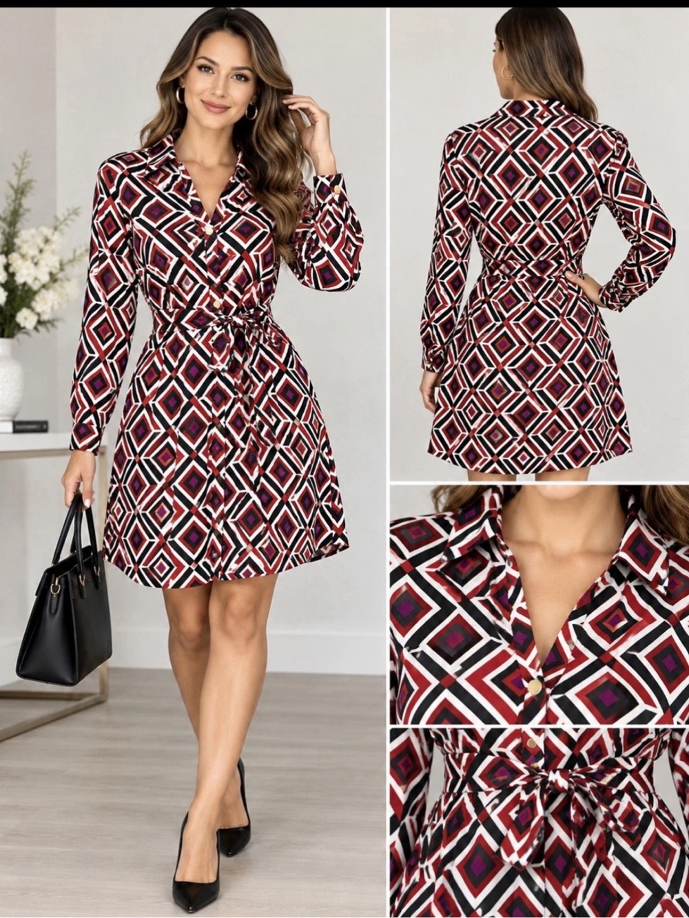 INC XL Geometric Print Belted Shirt Dress Retro Mod Statement Career
